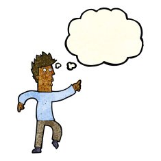 cartoon worried man pointing with thought bubble N8