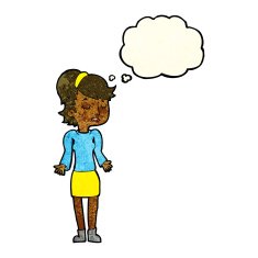 cartoon woman shrugging shoulders with thought bubble N98