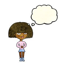 cartoon sly woman with thought bubble N3