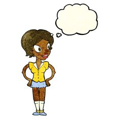 cartoon happy woman in short skirt with thought bubble N3