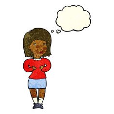 cartoon woman making excuses with thought bubble N5