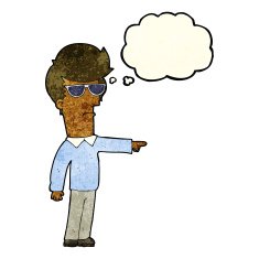 cartoon man in glasses pointing with thought bubble N3