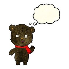 cartoon waving black bear cub with scarf thought bubble N2