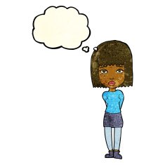 cartoon serious girl with thought bubble N3