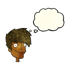 cartoon smiling man with thought bubble N6