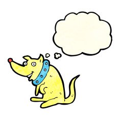 cartoon happy dog in big collar with thought bubble