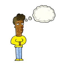 cartoon jaded man with thought bubble N5