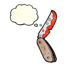 cartoon bloody folding knife with thought bubble N2