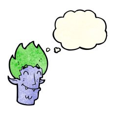 cartoon happy vampire head with thought bubble N3