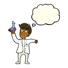 cartoon happy scientist with thought bubble N3