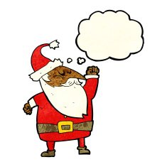 cartoon santa claus punching air with thought bubble N5