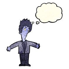 cartoon vampire man with thought bubble N30
