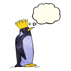 cartoon emperor penguin with thought bubble