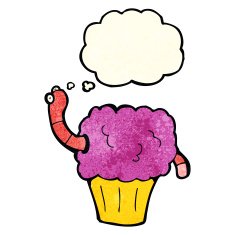 cartoon worm in cupcake with thought bubble N3