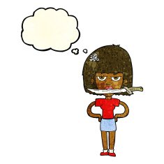cartoon woman with knife between teeth thought bubble N10