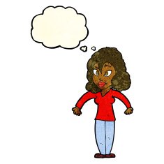cartoon woman shrugging shoulders with thought bubble N107