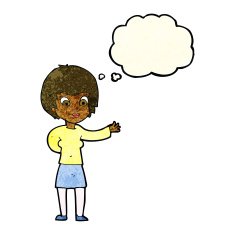 cartoon welcoming woman with thought bubble N3