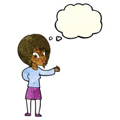 cartoon woman making welcome gesture with thought bubble N3