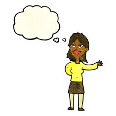 cartoon woman gesturing to show something with thought bubble N5