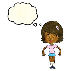 cartoon happy pretty woman with thought bubble N3