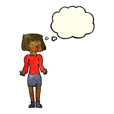 cartoon woman shrugging shoulders with thought bubble N111