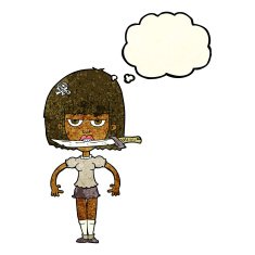 cartoon woman with knife between teeth thought bubble N11