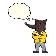 cartoon wolf in shirt with thought bubble N2