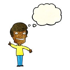 cartoon grinning man with idea thought bubble N3