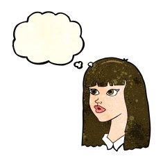 cartoon pretty girl with long hair thought bubble N3