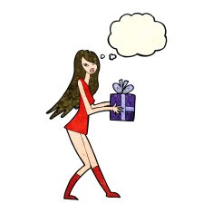 cartoon fashion girl with present thought bubble N2