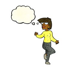 cartoon woman waving with thought bubble N75
