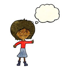 cartoon happy girl giving thumbs up symbol with thought bubble N3