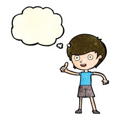 cartoon boy giving thumbs up symbol with thought bubble N3