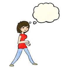 cartoon woman walking with thought bubble N3