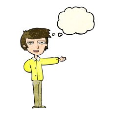cartoon man gesturing welcome with thought bubble N3