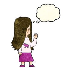 cartoon girl with pony shirt waving thought bubble N3