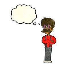 cartoon hipster man with mustache and spectacles thought bu N3