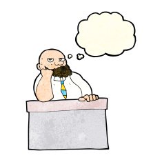 cartoon bored man at desk with thought bubble N3