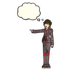 cartoon woman in leather jacket pointing with thought bubble N3