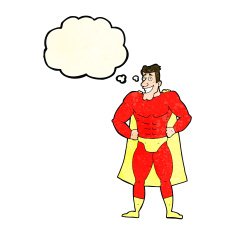 cartoon superhero with thought bubble N3