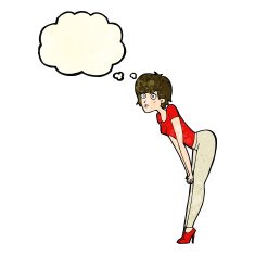 cartoon woman looking at something with thought bubble N3