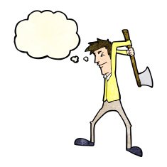 cartoon man swinging axe with thought bubble N3