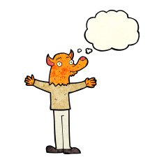 cartoon friendly fox person with thought bubble N2