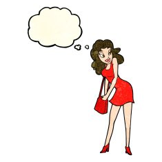 cartoon woman looking in handbag with thought bubble N3