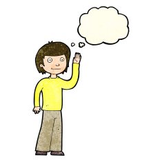 cartoon friendly boy waving with thought bubble N3