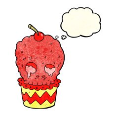 spooky skull cupcake cartoon with thought bubble N3