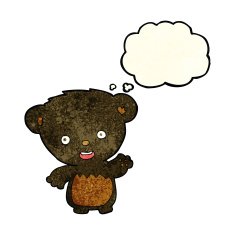 cartoon black bearcub waving with thought bubble N3