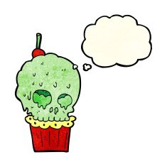 cartoon spooky skull cupcake with thought bubble N3