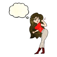 cartoon woman raising fist with thought bubble N3