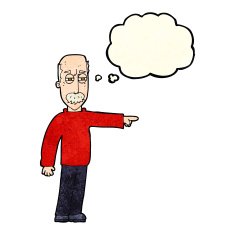 cartoon old man gesturing Get Out! with thought bubble N3